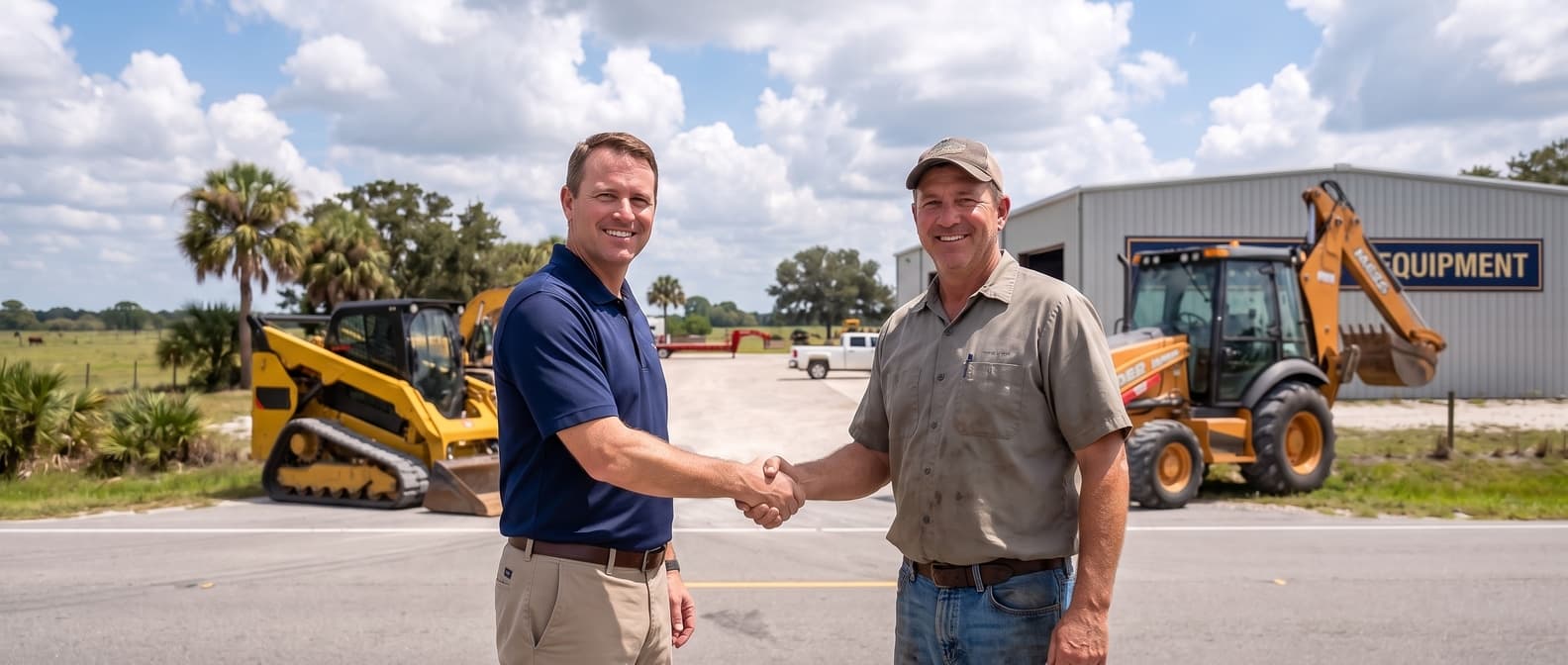 TURNER TRUCK & EQUIPMENT team and a buyer shaking hands in front of inspected iron at the Arcadia, Florida yard