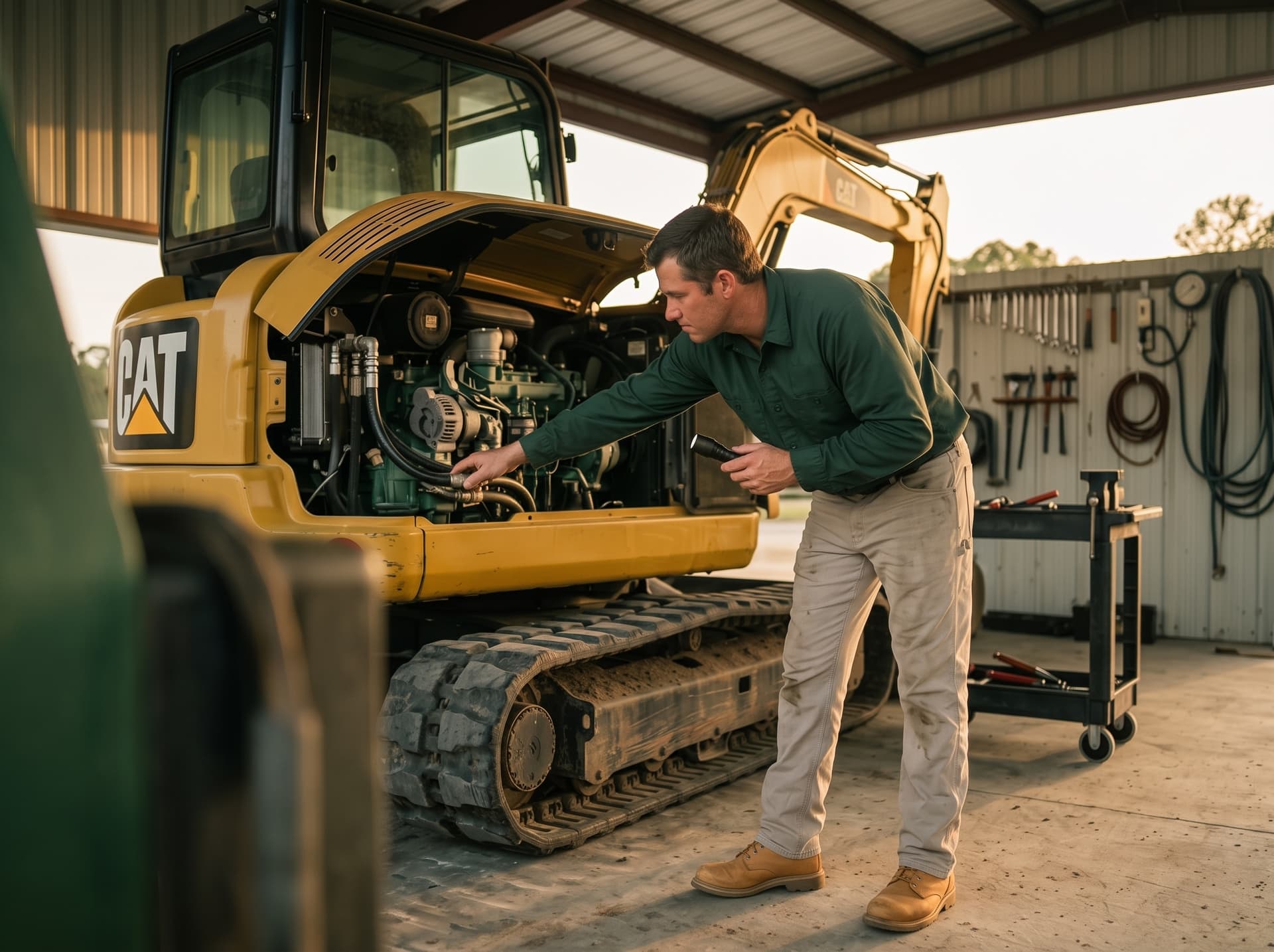 Turner Truck & Equipment mechanic running a hands-on inspection on a used excavator at the Arcadia yard
