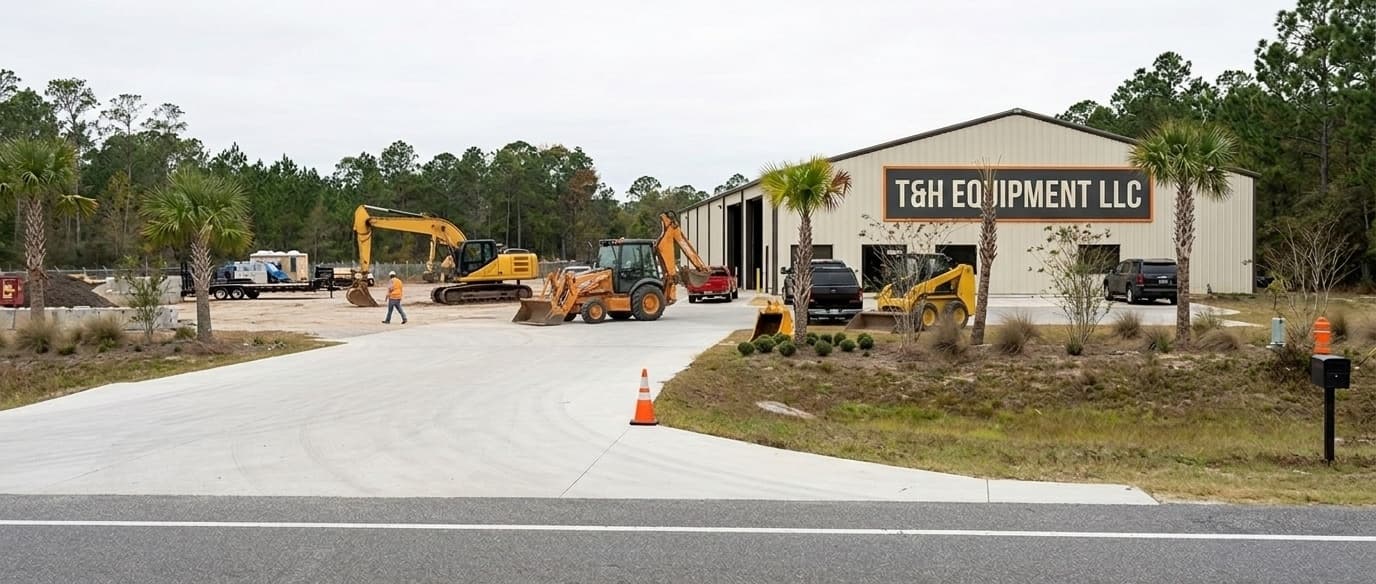 Wide aerial view of the TURNER TRUCK & EQUIPMENT yard in Arcadia, Florida — rows of inspected backhoes, excavators, and skid steers