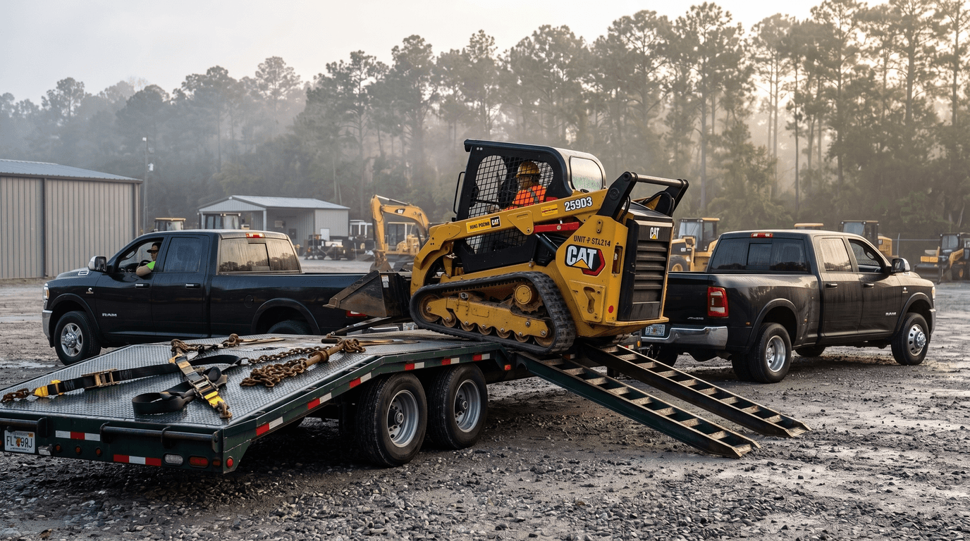 Flatbed trailer loaded with a compact track loader secured with chains for interstate transport