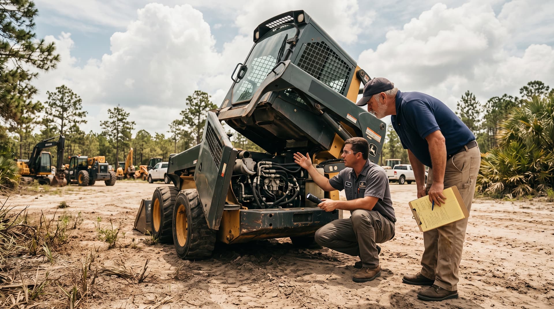 The 45-minute used skid steer walk-around: what to pull, check, and listen for