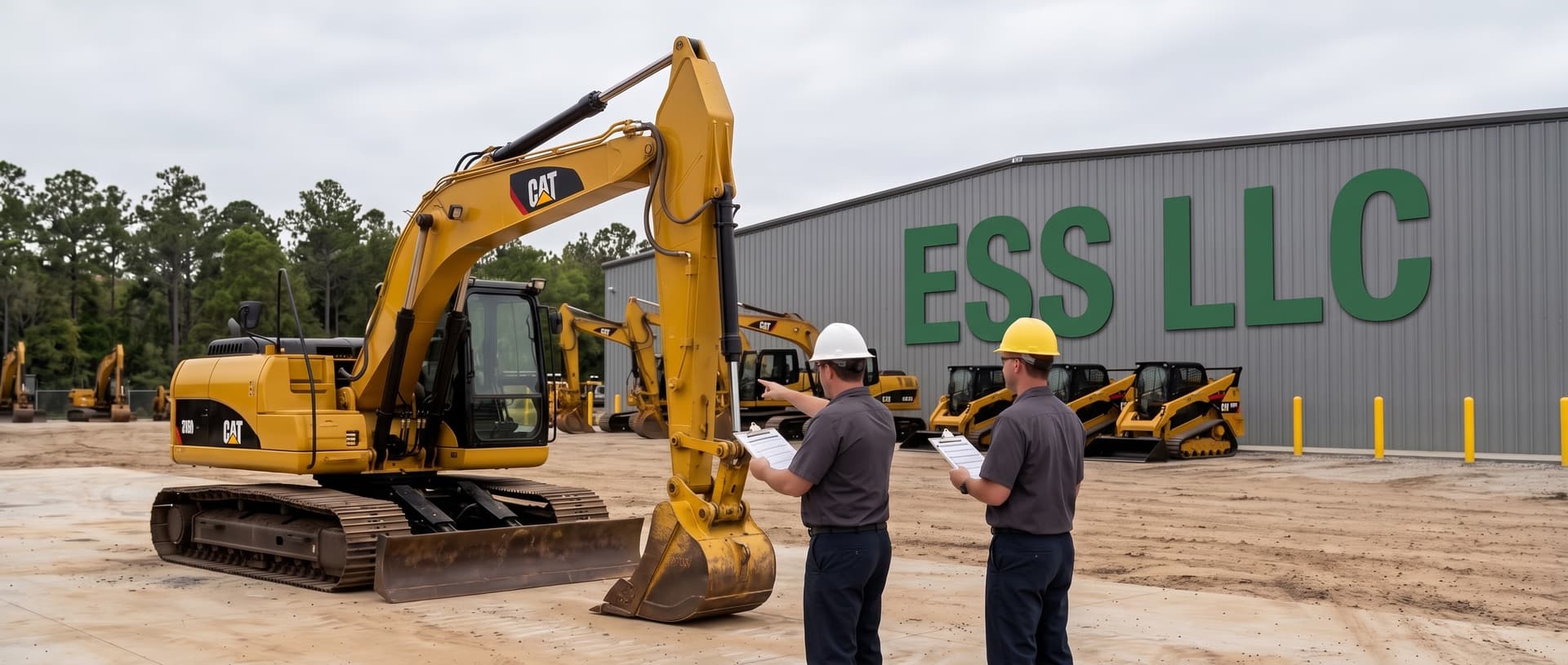 Technician inspecting heavy equipment on a dealer lot